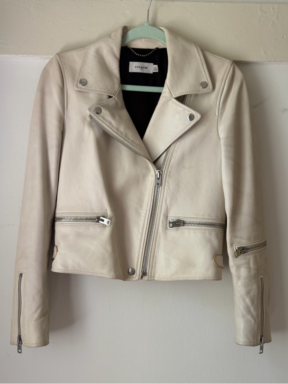 Coach Cream Lambskin Leather Moto Jacket with Silver Hardware Size 2